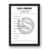 Bad Omens January 20, 2024 The O2 Arena London Setlist Poster - Setlist