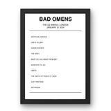 Bad Omens January 21, 2024 The O2 Arena London Setlist Poster - Setlist