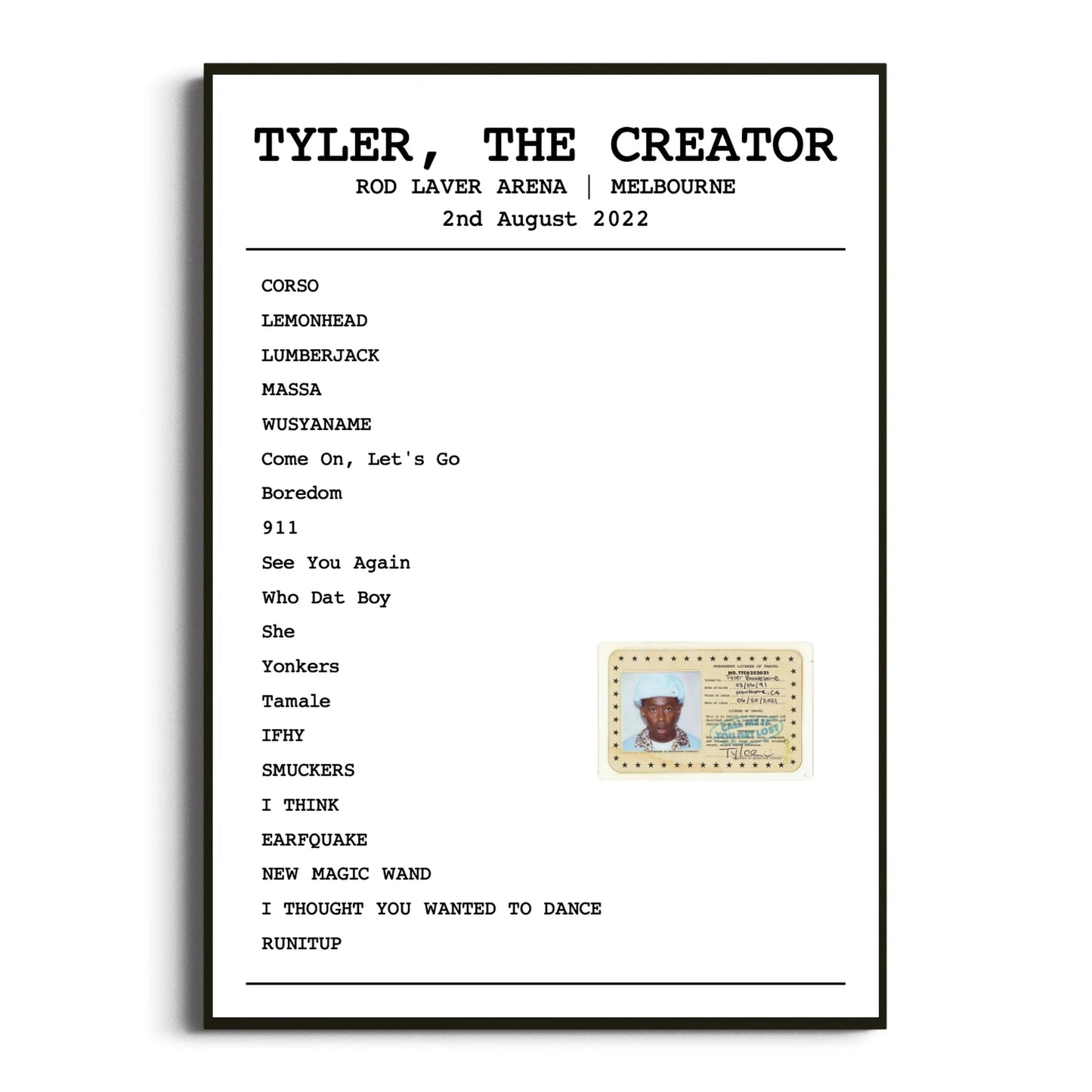 Tyler, The Creator Melbourne 02 August 2022 Setlist Poster