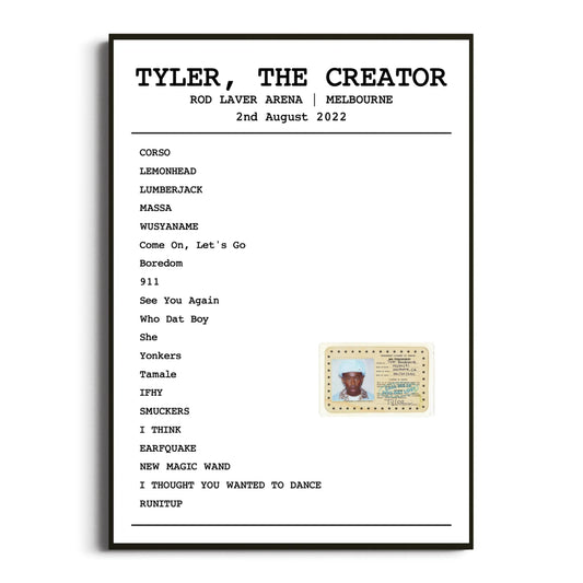 Tyler, The Creator Melbourne 02 August 2022 Setlist Poster