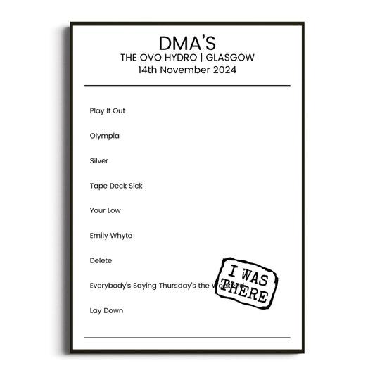 DMA’s Glasgow 14 November 2024 Setlist Poster