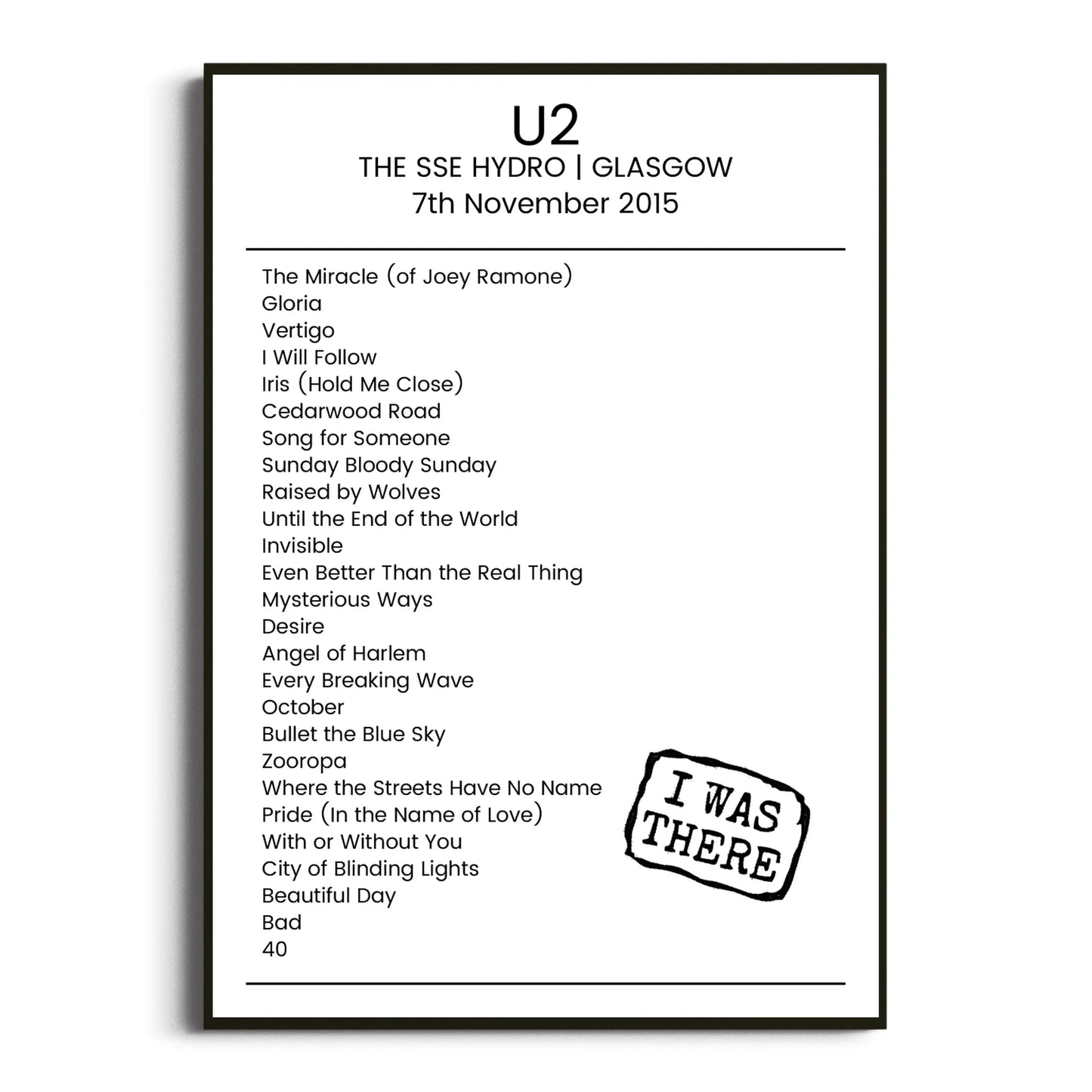 U2 Glasgow 07 November 2015 Setlist Poster