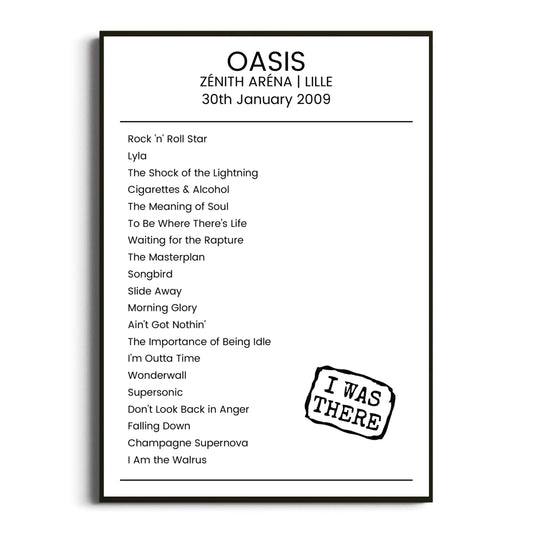 Oasis Lille 30 January 2009 Setlist Poster