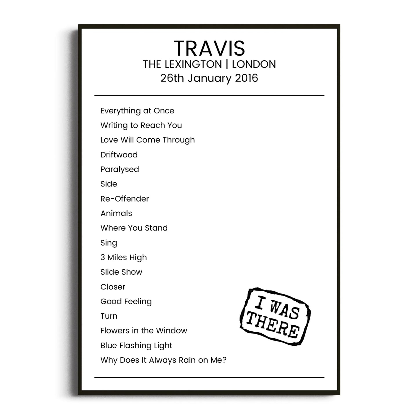 Travis London 26 January 2016 Setlist Poster