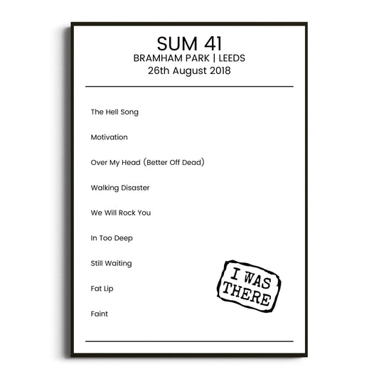 Sum 41 Leeds 26 August 2018 Setlist Poster