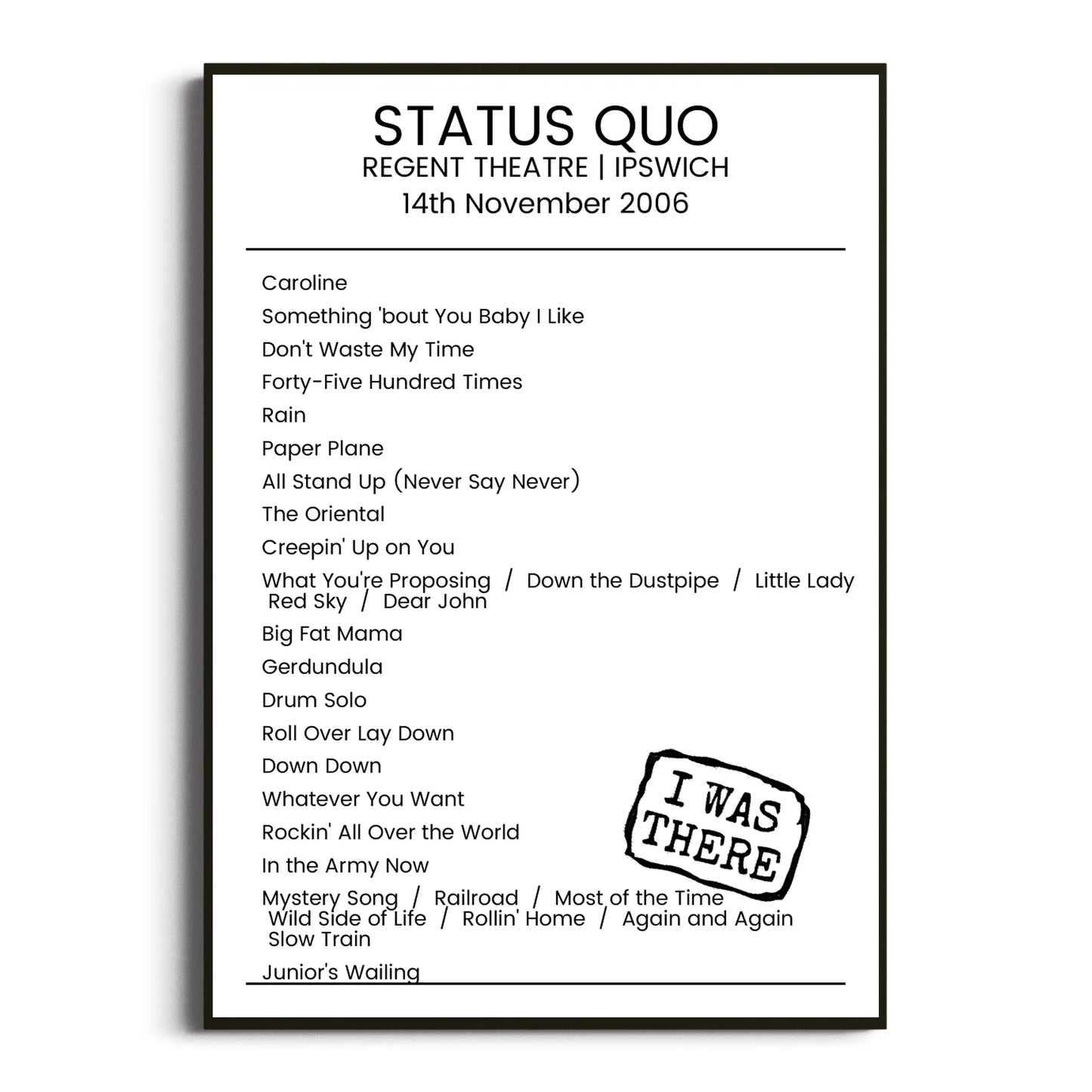 Status Quo Ipswich 14 November 2006 Setlist Poster