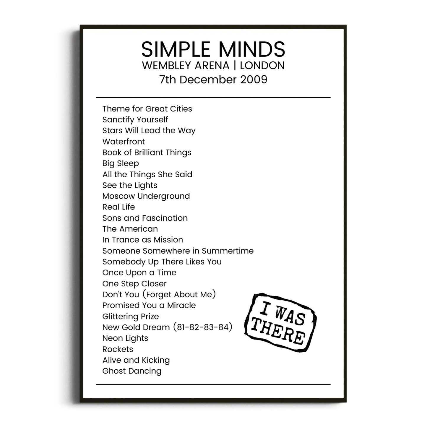 Simple Minds London 07 December 2009 Setlist Poster