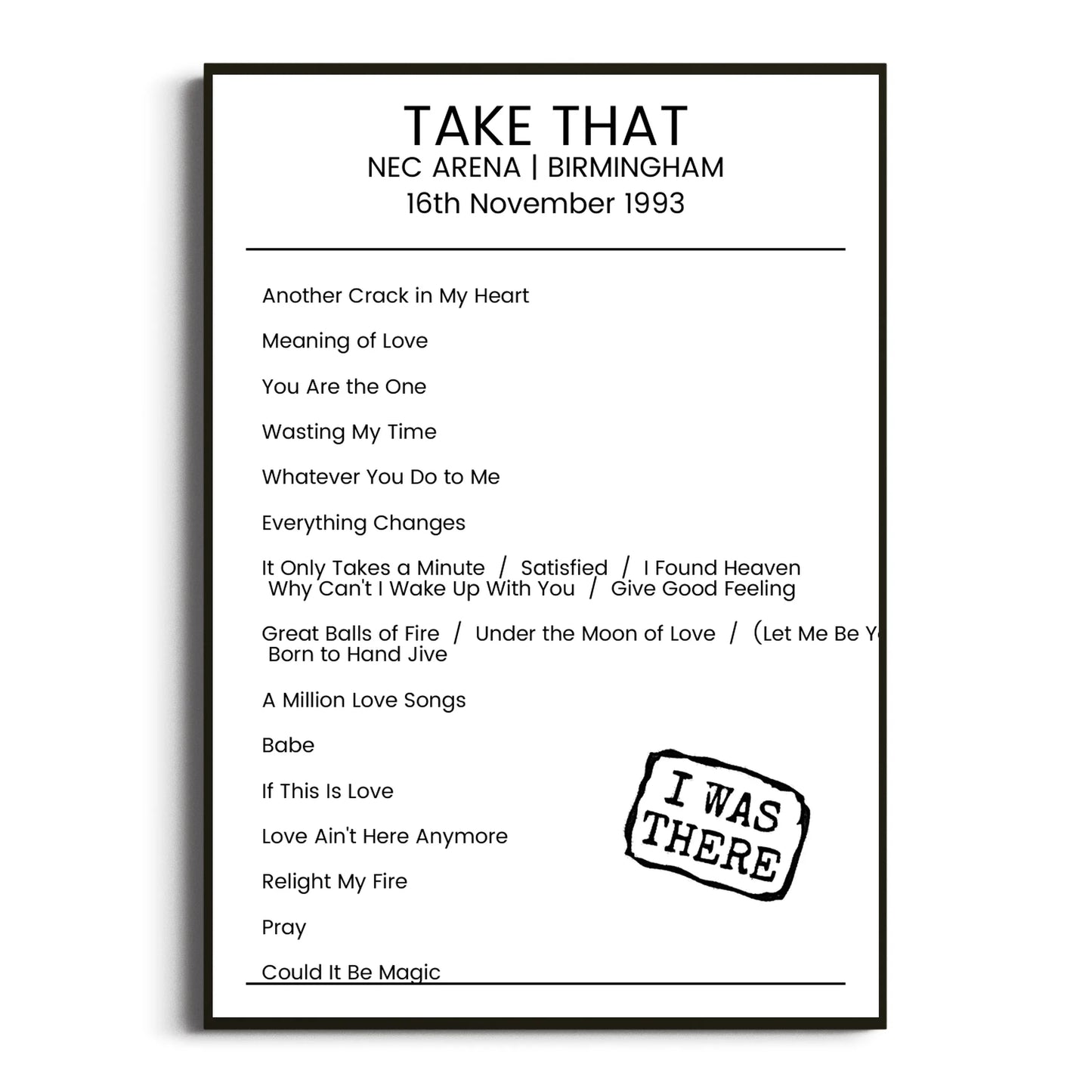 Take That Birmingham 16 November 1993 Setlist Poster