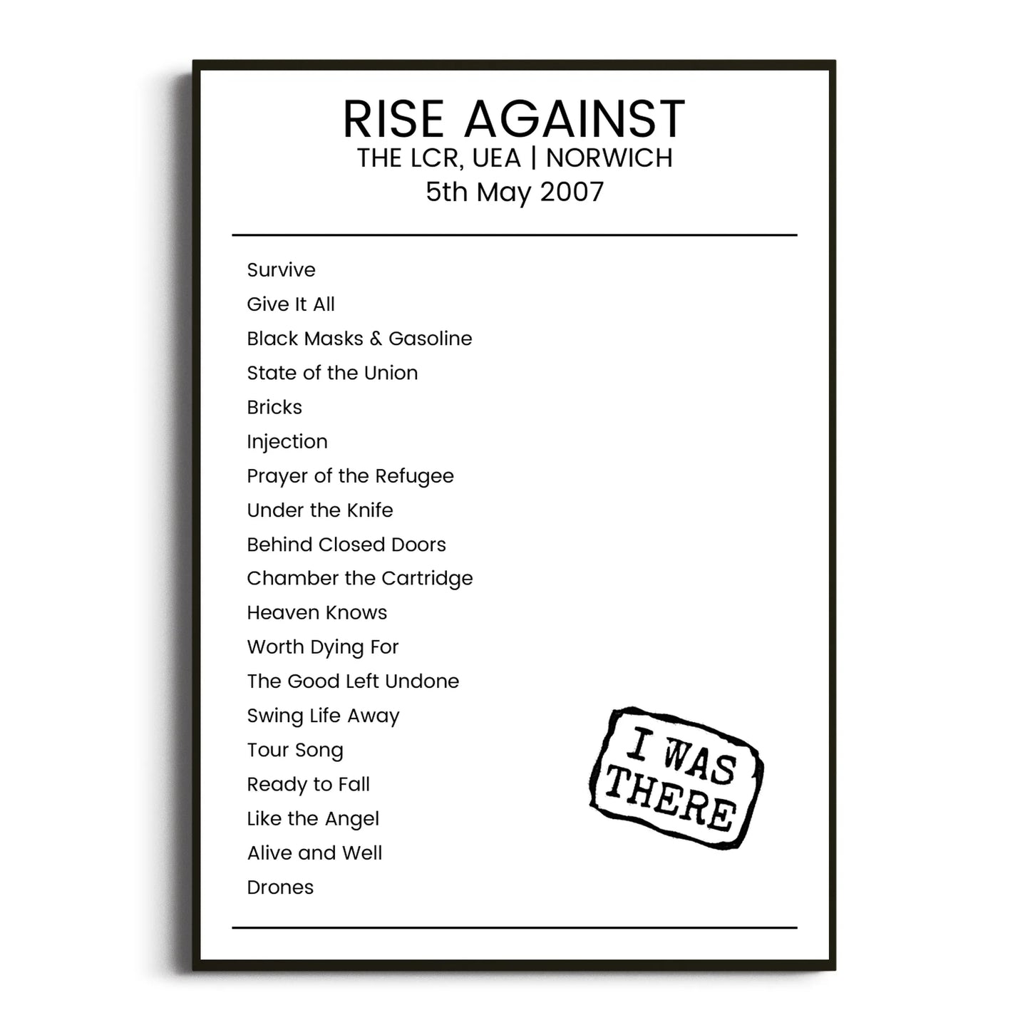 Rise Against Norwich 05 May 2007 Setlist Poster