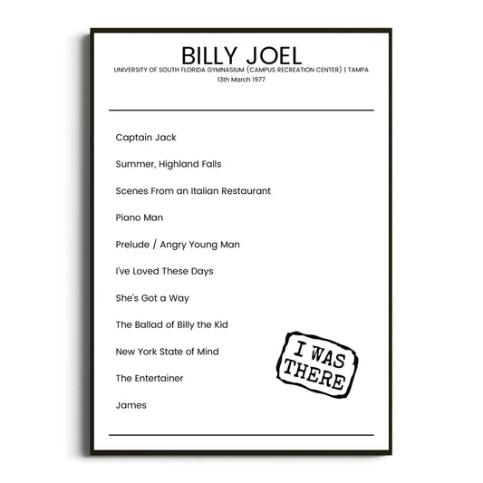 Billy Joel Tampa 13 March 1977 Setlist Poster