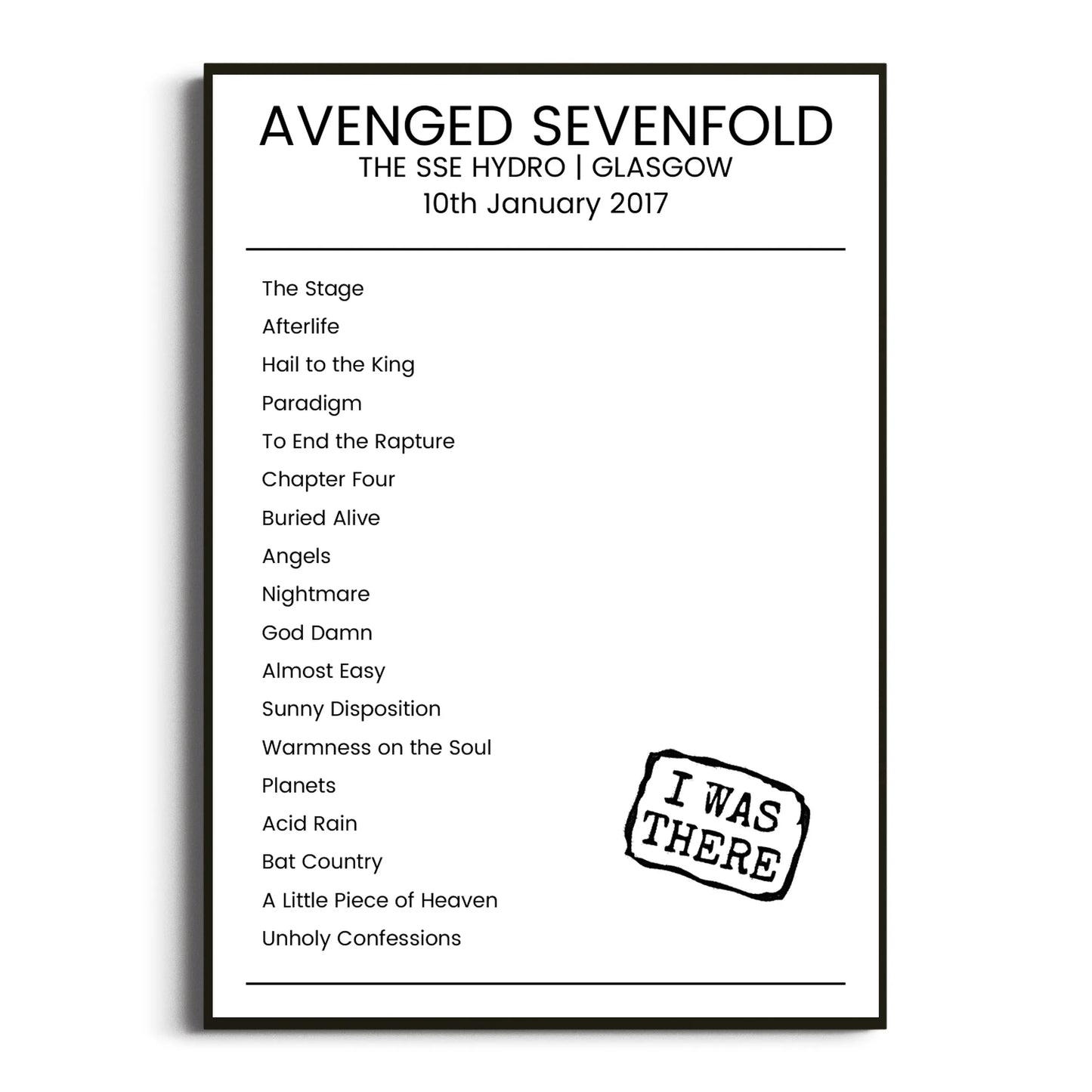 Avenged Sevenfold Glasgow 10 January 2017 Setlist Poster