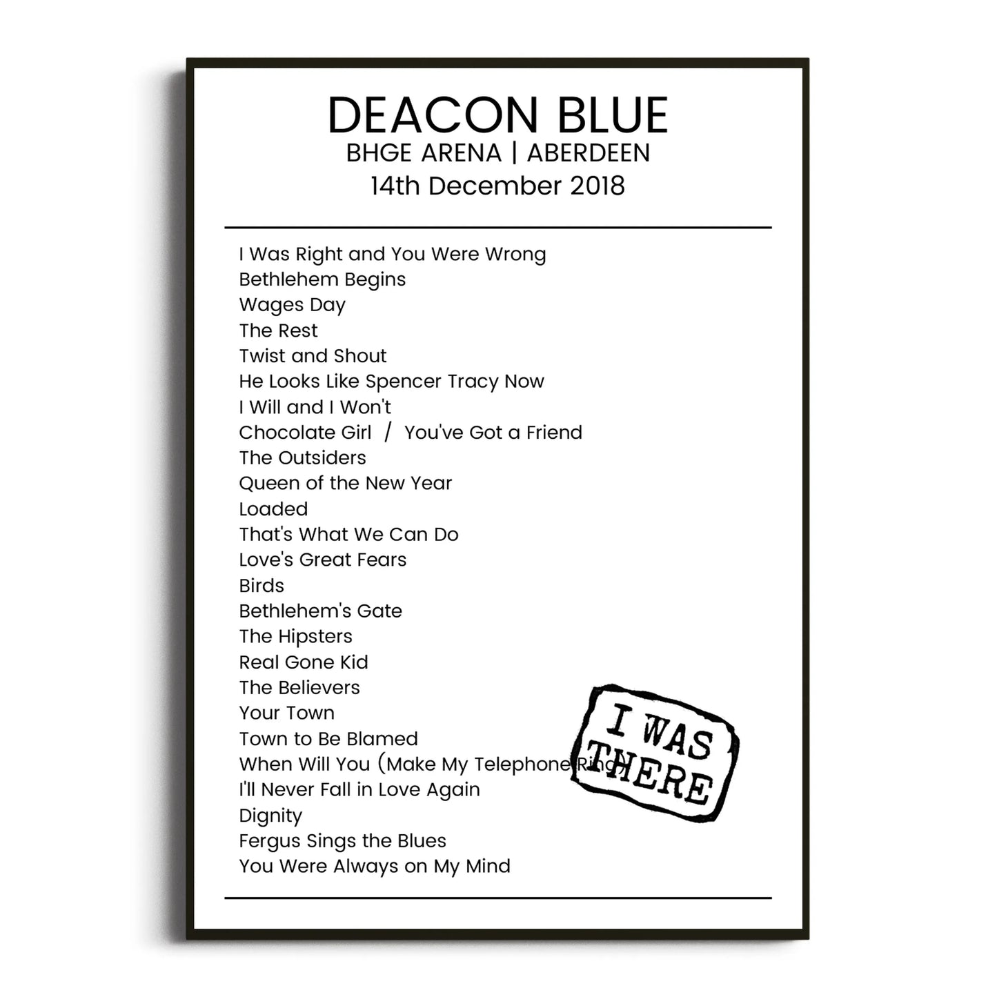 Deacon Blue Aberdeen 14 December 2018 Setlist Poster