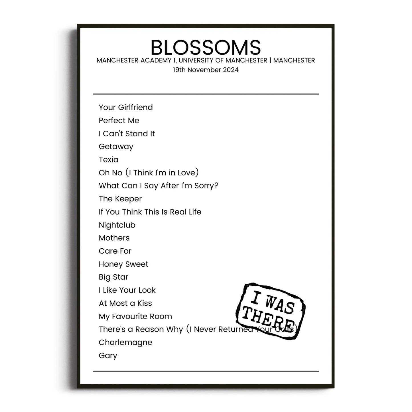 Blossoms Manchester 19 November 2024 Setlist Poster