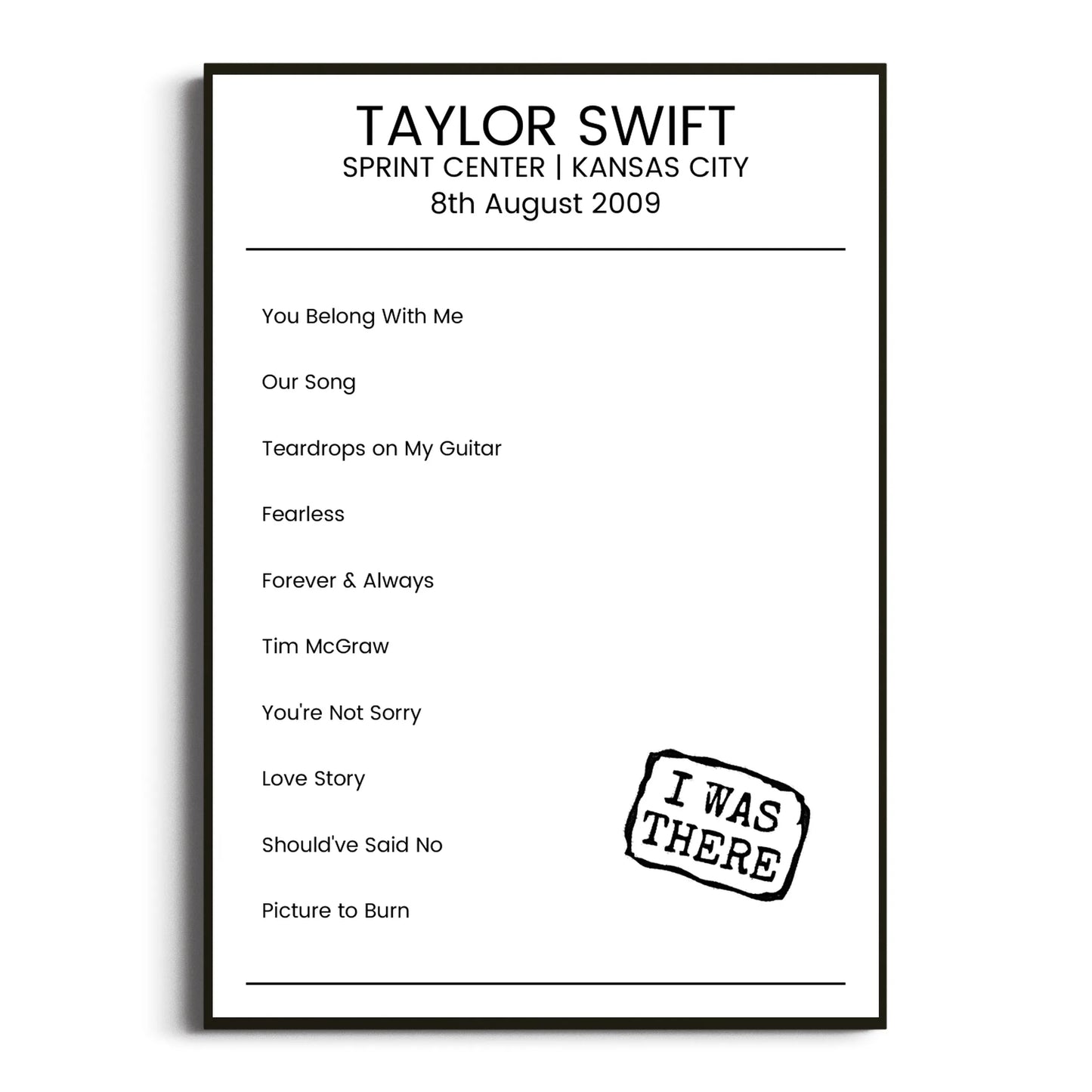 Taylor Swift Kansas City 08 August 2009 Setlist Poster