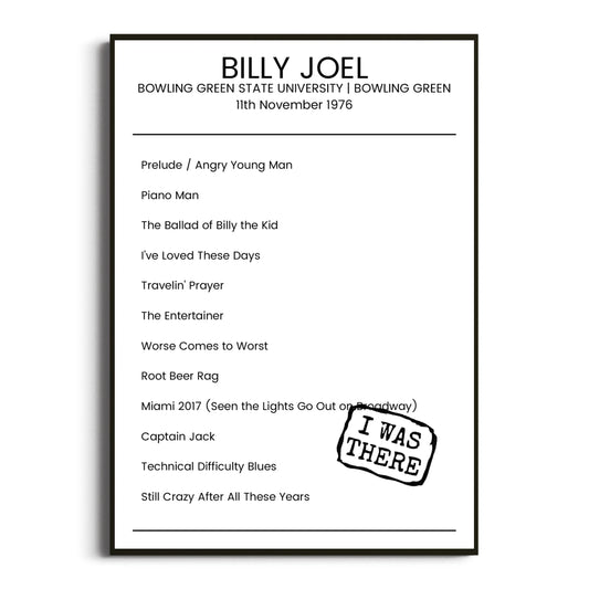 Billy Joel Bowling Green 11 November 1976 Setlist Poster