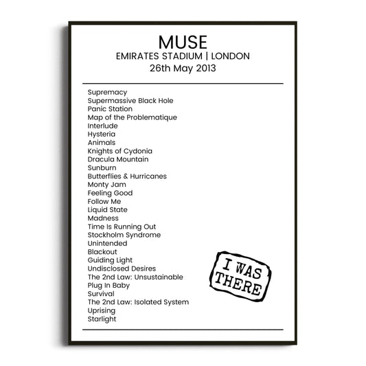 Muse London 26 May 2013 Setlist Poster