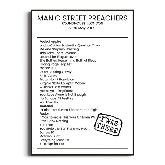 Manic Street Preachers London 29 May 2009 Setlist Poster