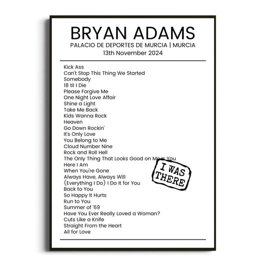 Bryan Adams Murcia 13 November 2024 Setlist Poster