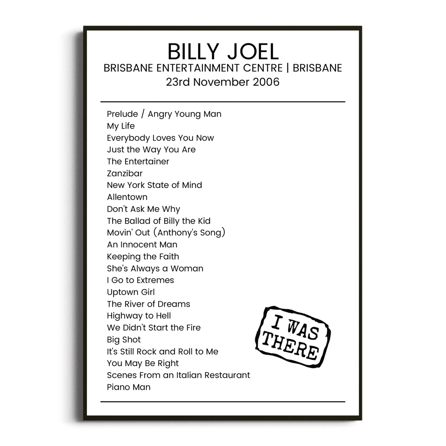 Billy Joel Brisbane 23 November 2006 Setlist Poster