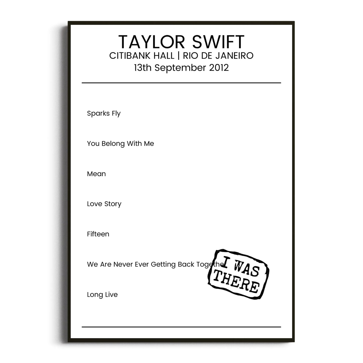 Taylor Swift Rio de Janeiro 13 September 2012 Setlist Poster