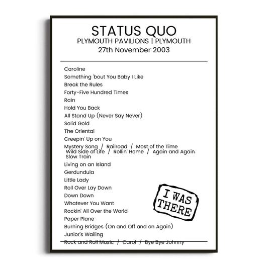 Status Quo Plymouth 27 November 2003 Setlist Poster