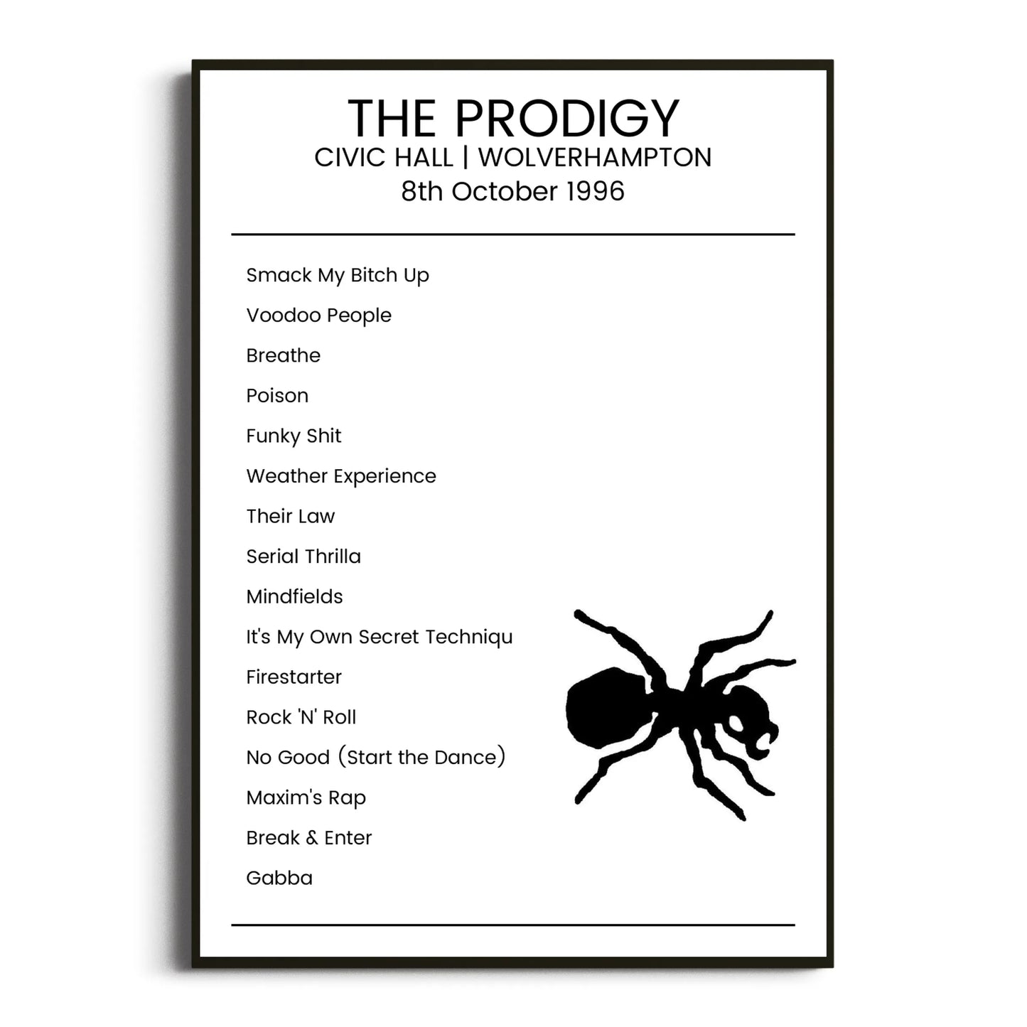 The Prodigy Wolverhampton 08 October 1996 Setlist Poster