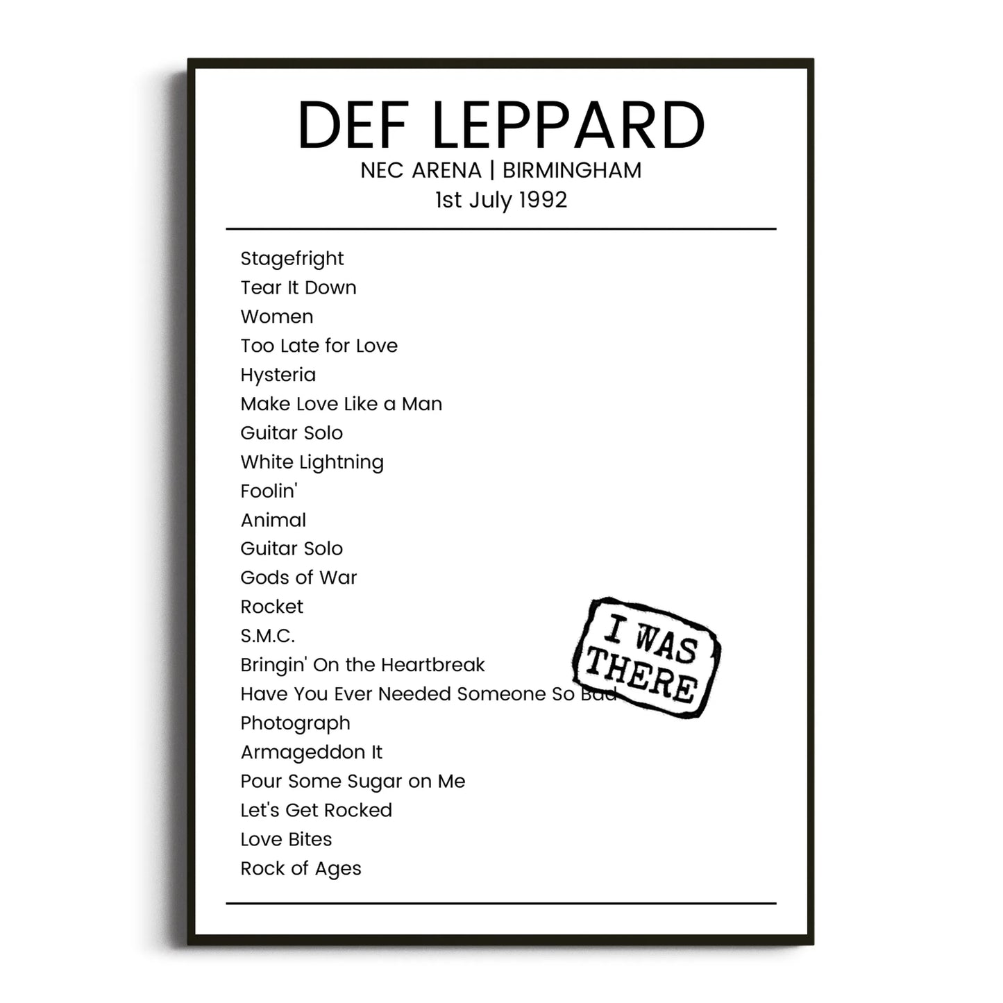 Def Leppard Birmingham 01 July 1992 Setlist Poster