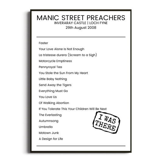 Manic Street Preachers Loch Fyne 29 August 2008 Setlist Poster