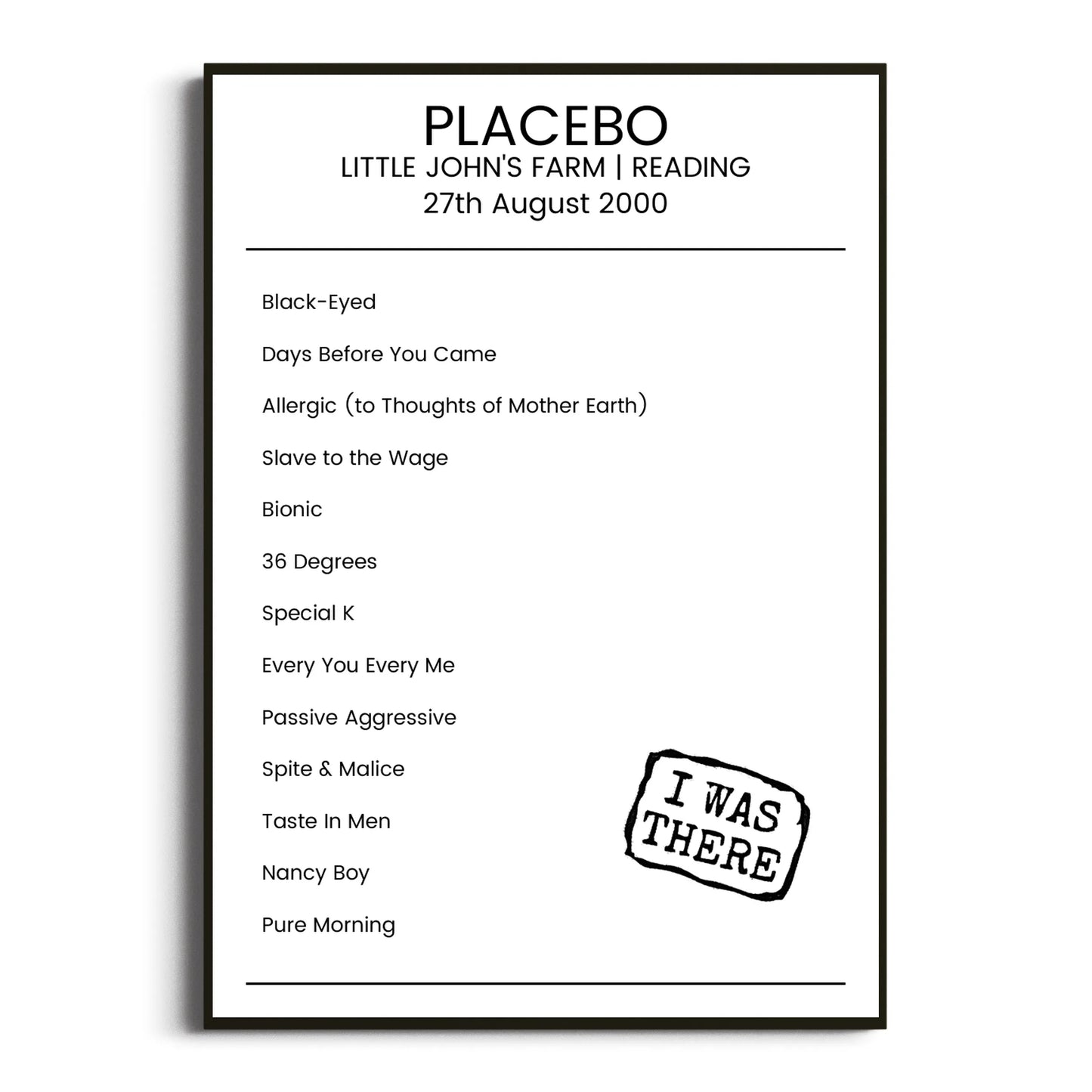 Placebo Reading 27 August 2000 Setlist Poster