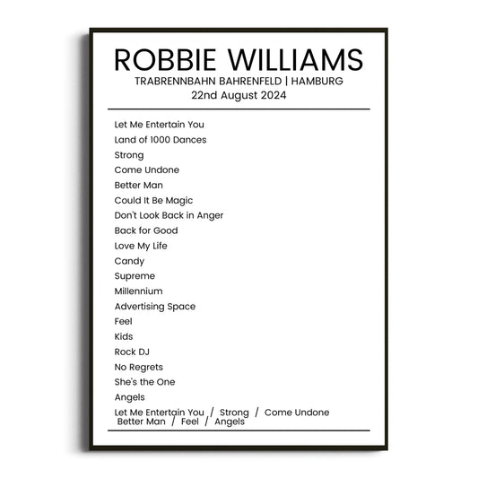 Robbie Williams Hamburg 22 August 2024 Setlist Poster