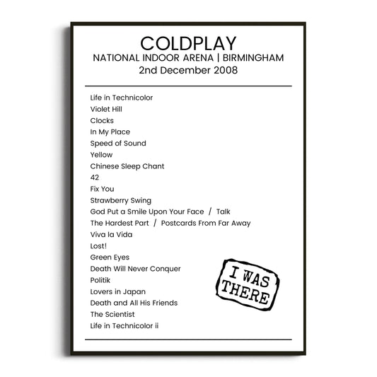 Coldplay Birmingham 02 December 2008 Setlist Poster