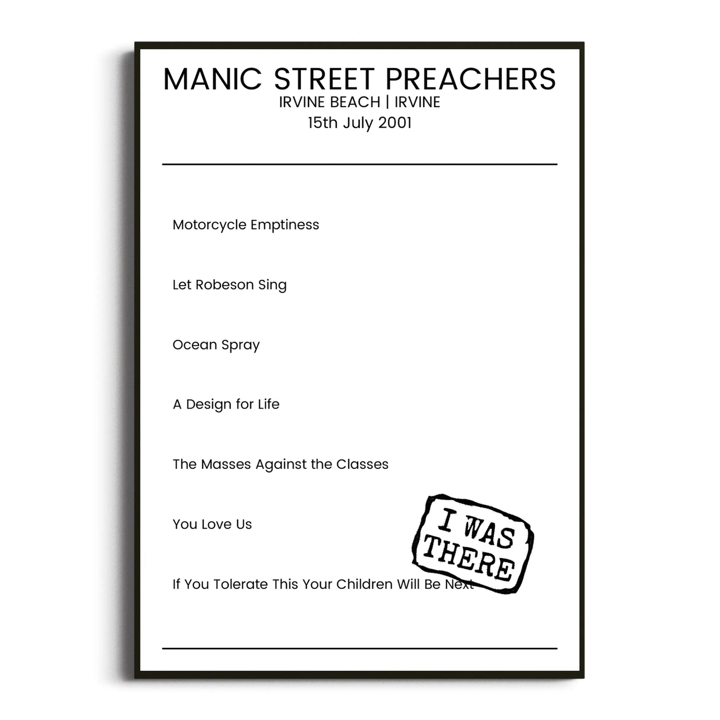 Manic Street Preachers Irvine 15 July 2001 Setlist Poster