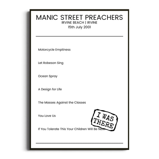 Manic Street Preachers Irvine 15 July 2001 Setlist Poster