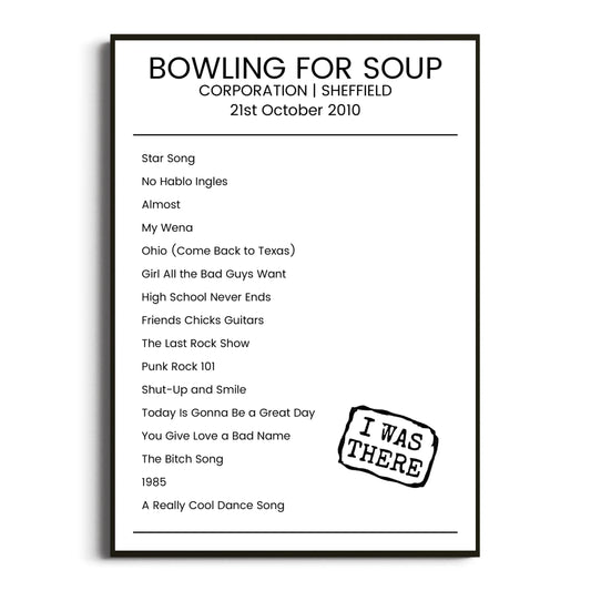 Bowling for Soup Sheffield 21 October 2010 Setlist Poster