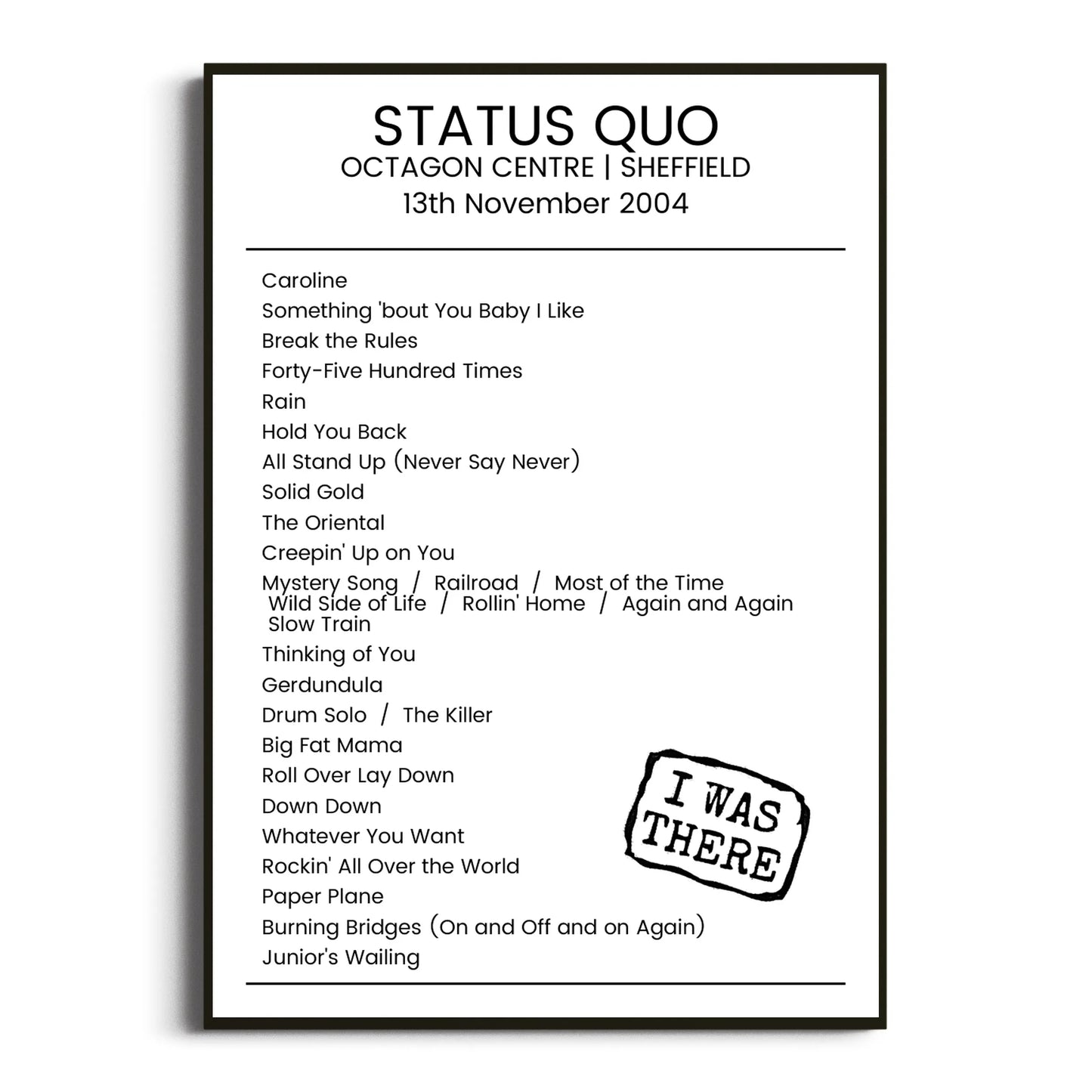 Status Quo Sheffield 13 November 2004 Setlist Poster