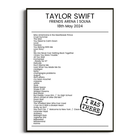 Taylor Swift Solna 18 May 2024 Setlist Poster