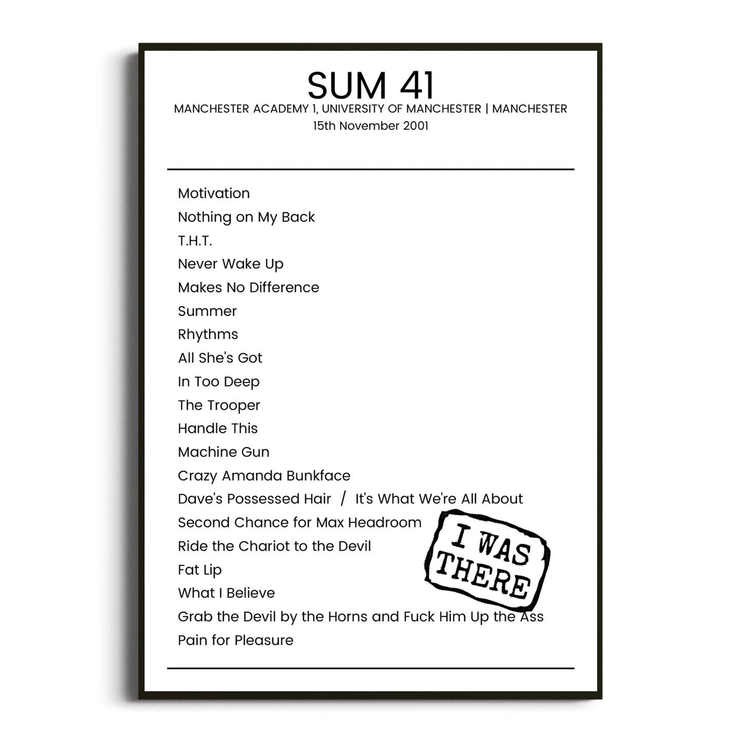 Sum 41 Manchester 15 November 2001 Setlist Poster