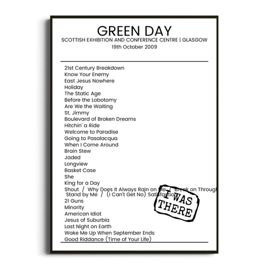 Green Day Glasgow 19 October 2009 Setlist Poster