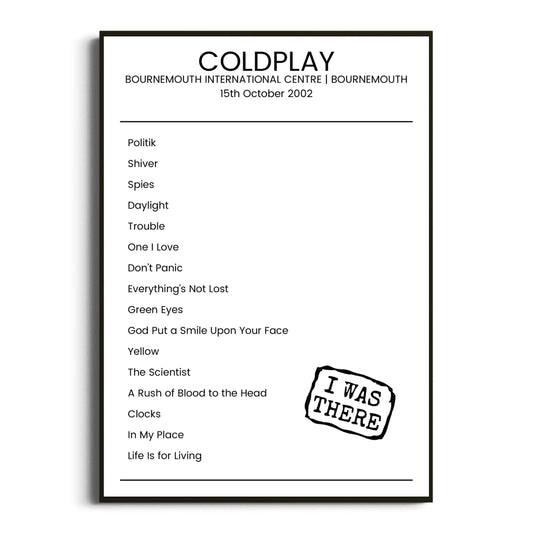 Coldplay Bournemouth 15 October 2002 Setlist Poster