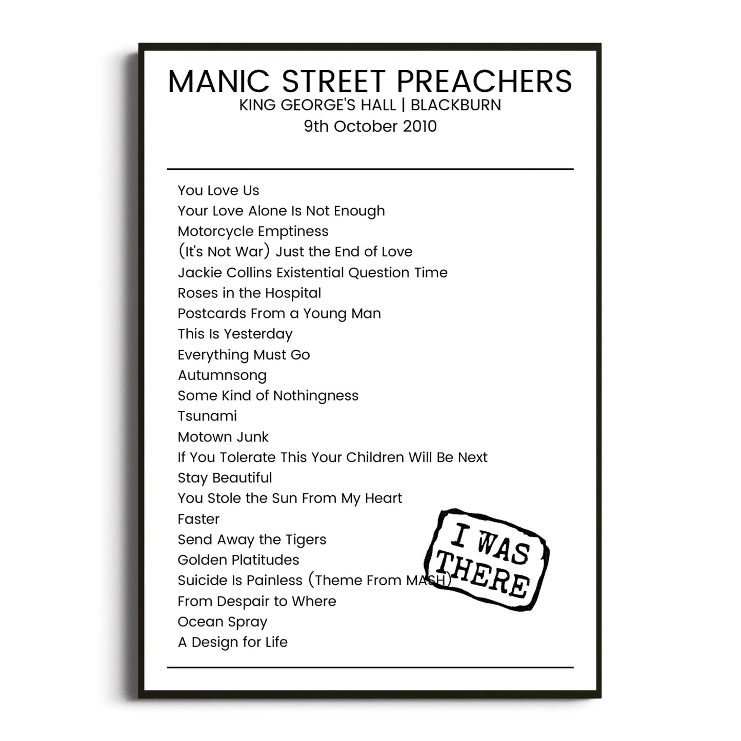 Manic Street Preachers Blackburn 09 October 2010 Setlist Poster