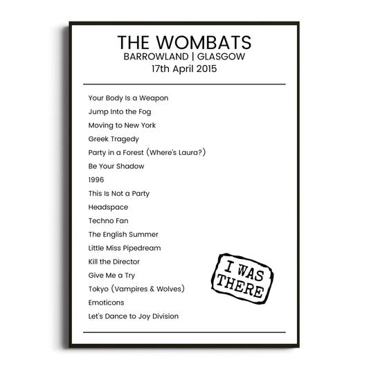 The Wombats Glasgow 17 April 2015 Setlist Poster