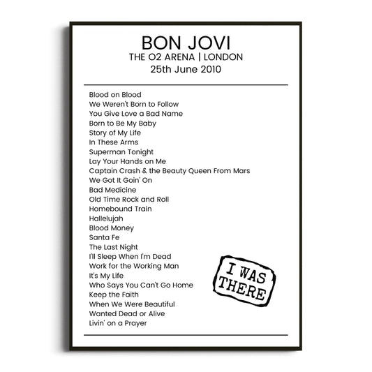 Bon Jovi London 25 June 2010 Setlist Poster