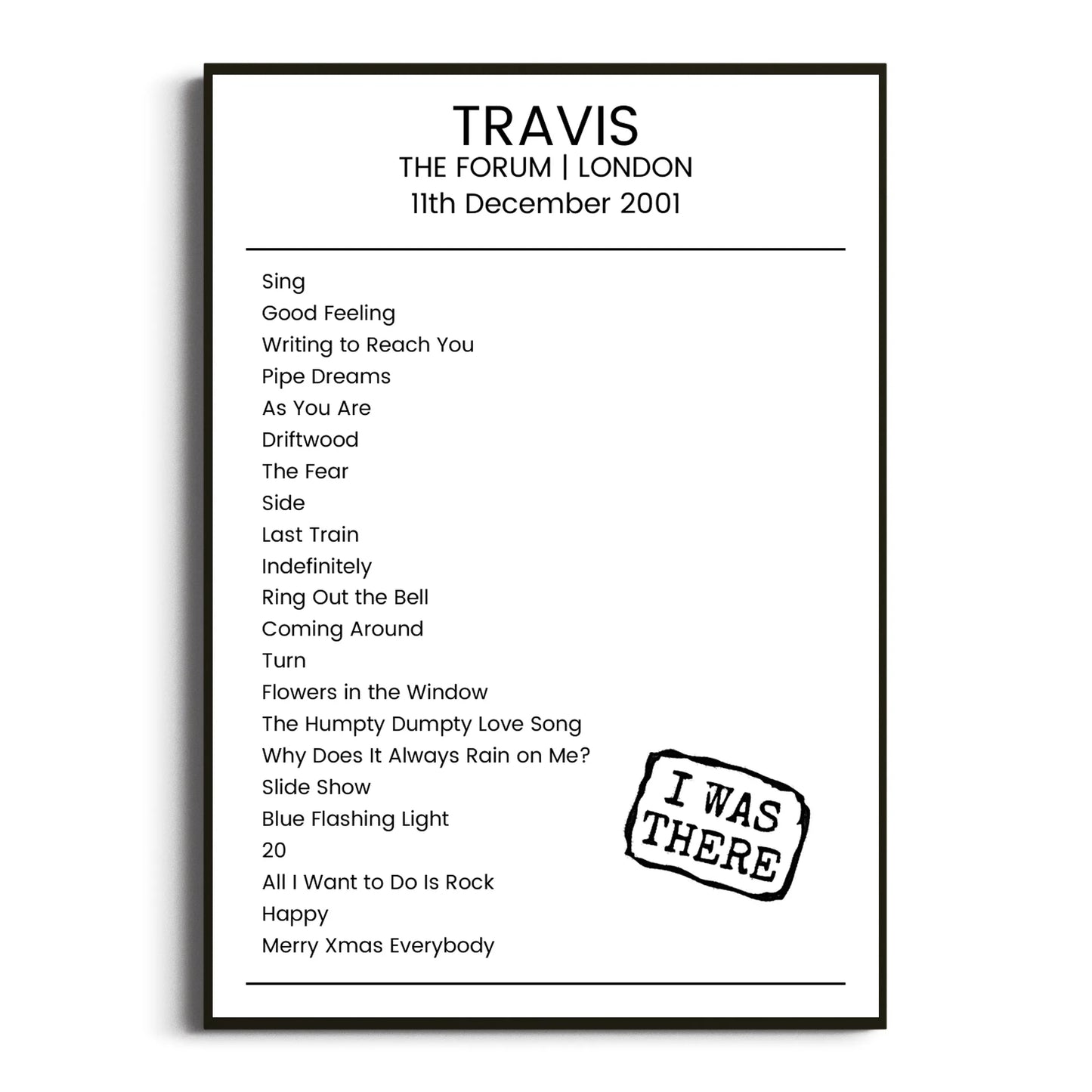 Travis London 11 December 2001 Setlist Poster