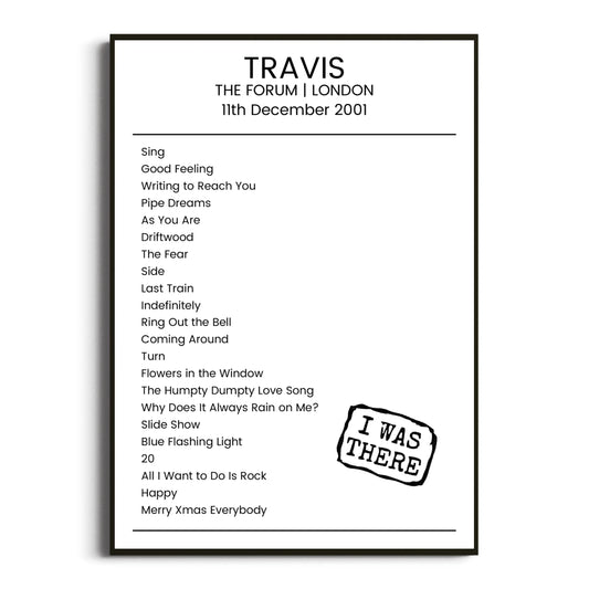 Travis London 11 December 2001 Setlist Poster