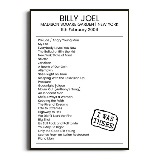 Billy Joel New York 09 February 2006 Setlist Poster