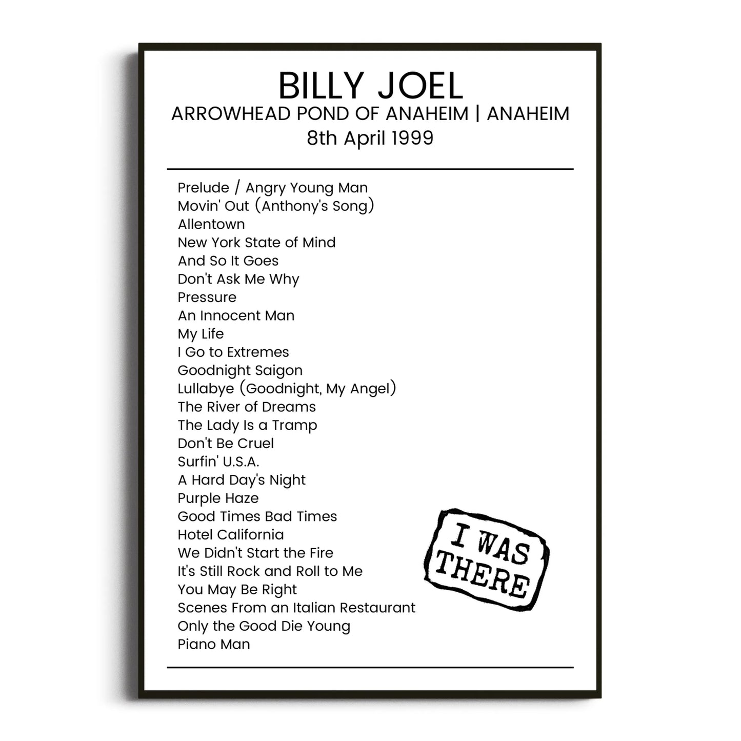 Billy Joel Anaheim 08 April 1999 Setlist Poster