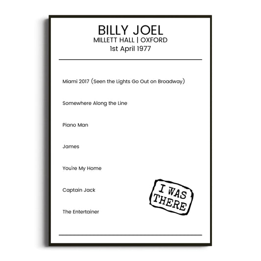 Billy Joel Oxford 01 April 1977 Setlist Poster