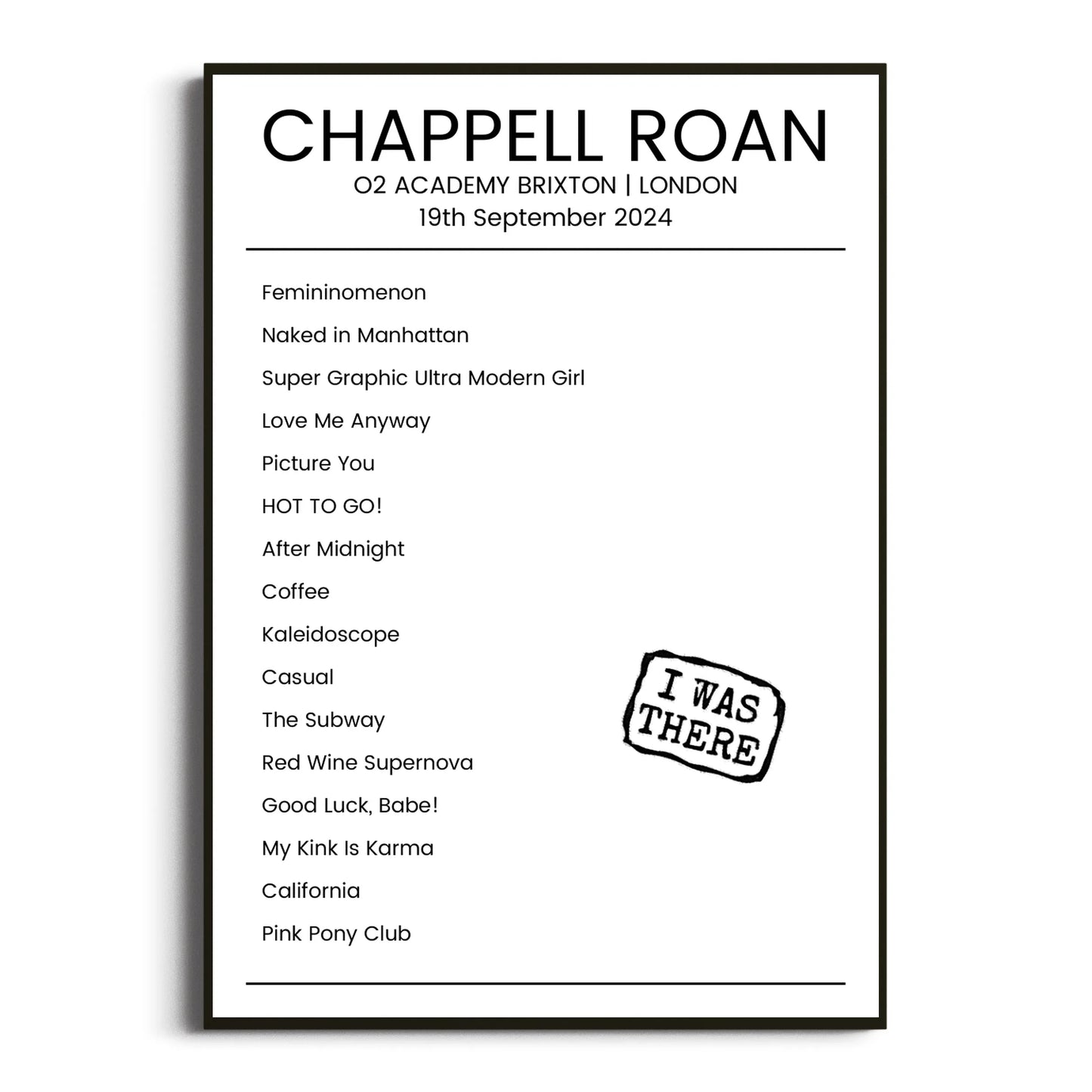 Chappell Roan London 19 September 2024 Setlist Poster