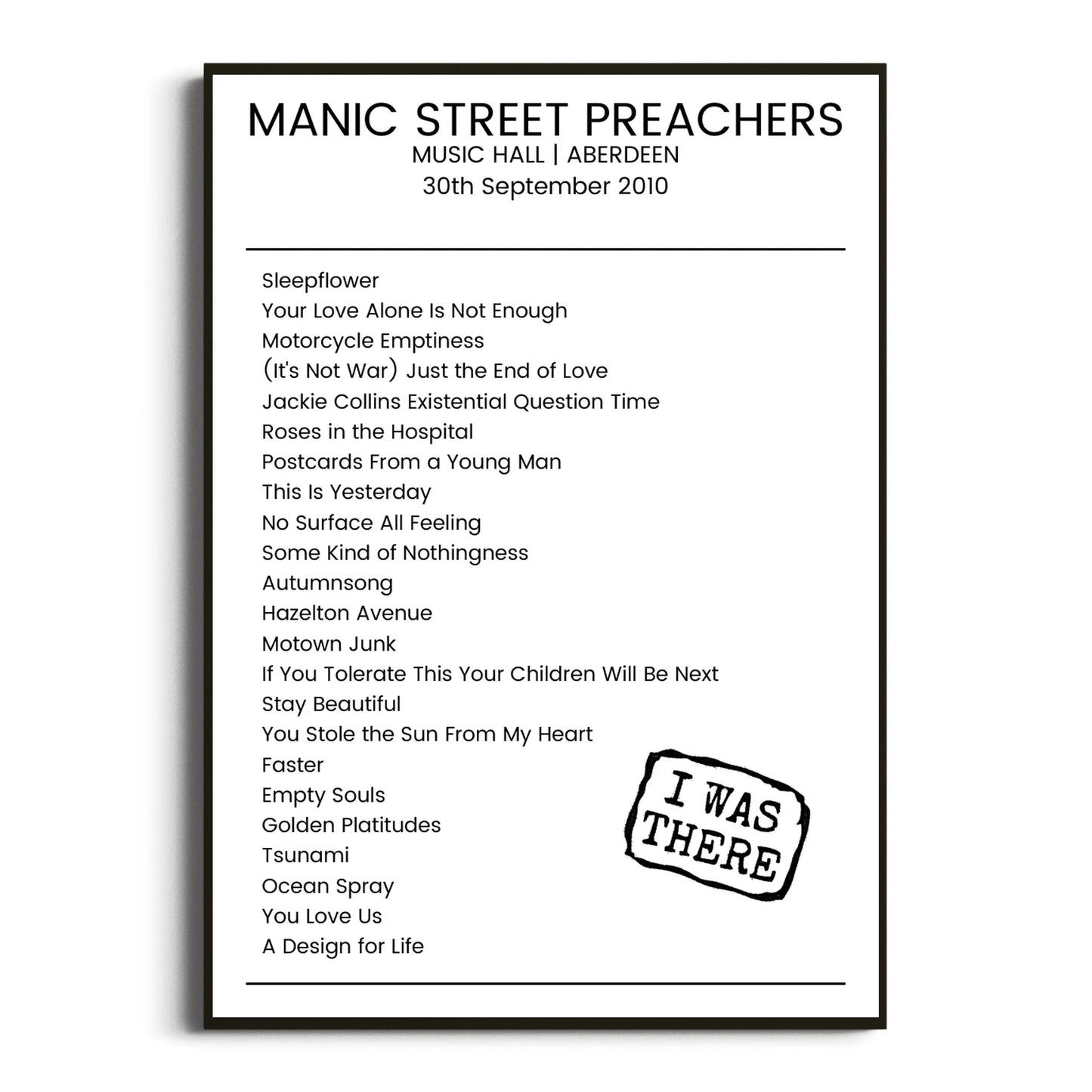 Manic Street Preachers Aberdeen 30 September 2010 Setlist Poster