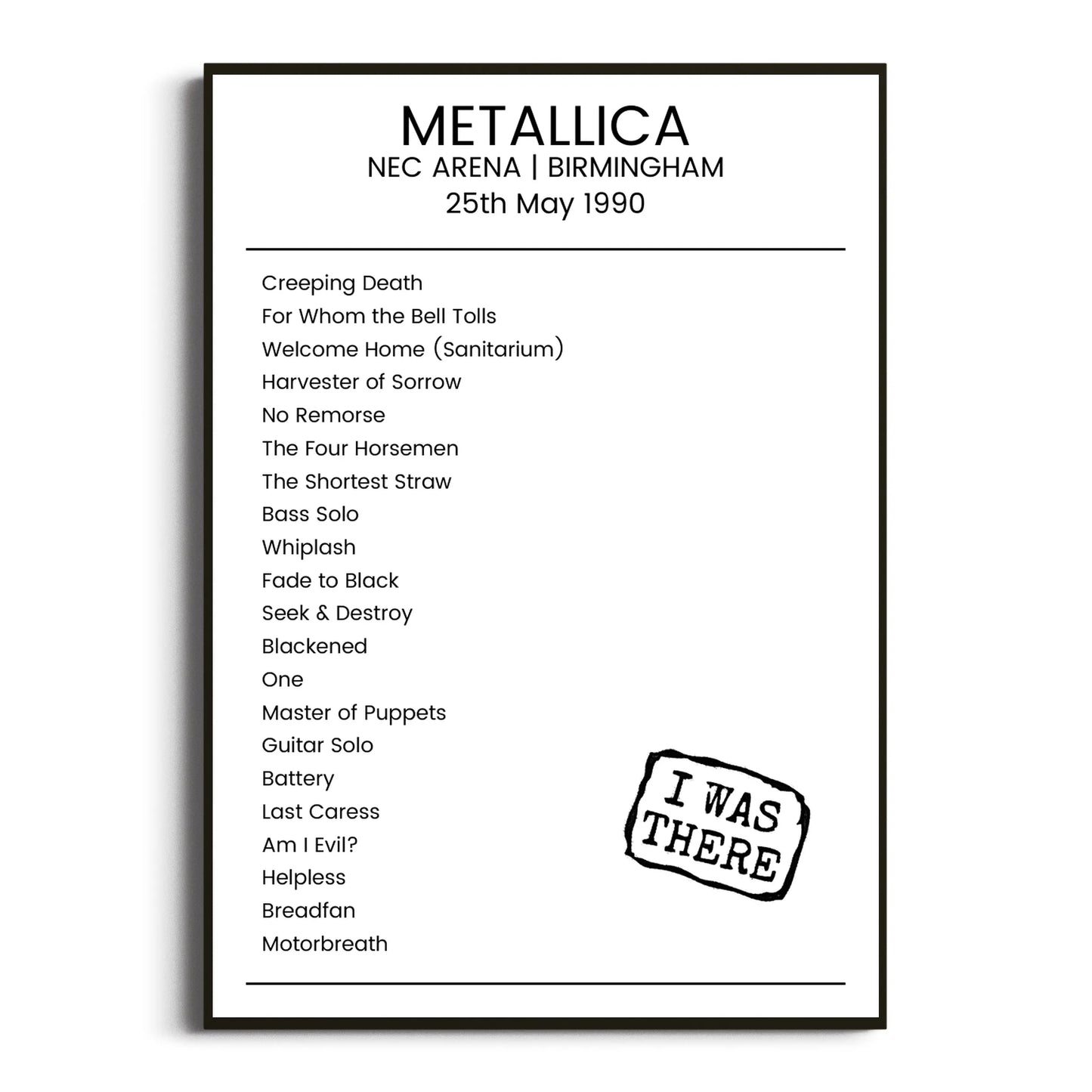 Metallica Birmingham 25 May 1990 Setlist Poster